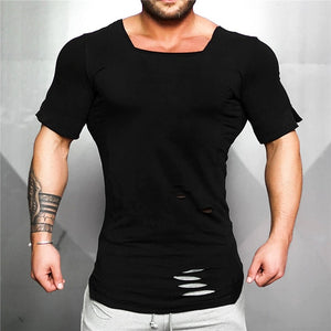 New 2019 Cotton Men's T shirt Vintage Ripped Hole T-shirt Men Fashion Casual Top Tee Men Hip Hop Activewears Fitness Tshirt Male