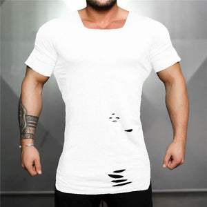 New 2019 Cotton Men's T shirt Vintage Ripped Hole T-shirt Men Fashion Casual Top Tee Men Hip Hop Activewears Fitness Tshirt Male