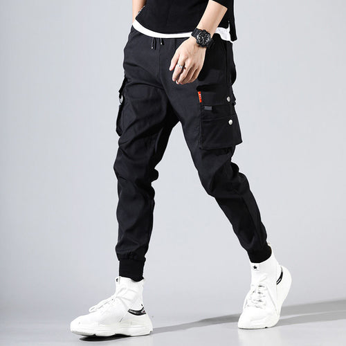 Cargo Pants Men Solid Color Black Loose Casual Jogger Pocket Elastic waist Ankle Length Trousers