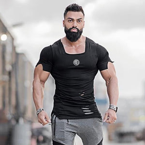 New 2019 Cotton Men's T shirt Vintage Ripped Hole T-shirt Men Fashion Casual Top Tee Men Hip Hop Activewears Fitness Tshirt Male